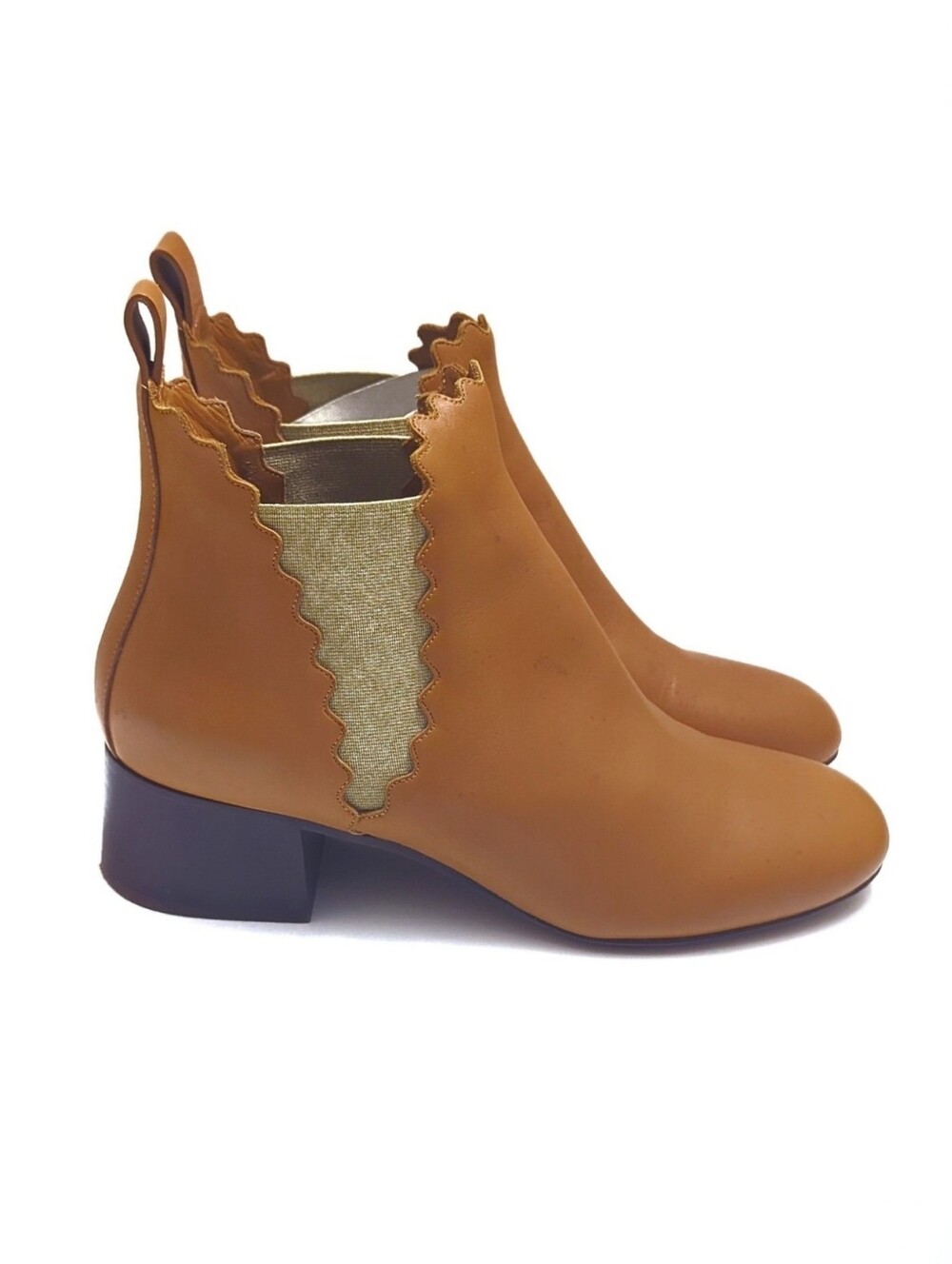 Chloe Lauren Scalloped Leather Chelsea Ankle Boots Camel Tan Brown 38 US 8